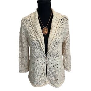 JM Collection Boho Cream Crochet Open-Front Cardigan Size PM